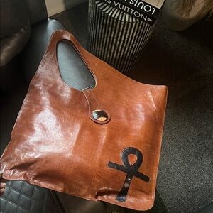 Extra large  Leather Tote Bag with Ankh Accent